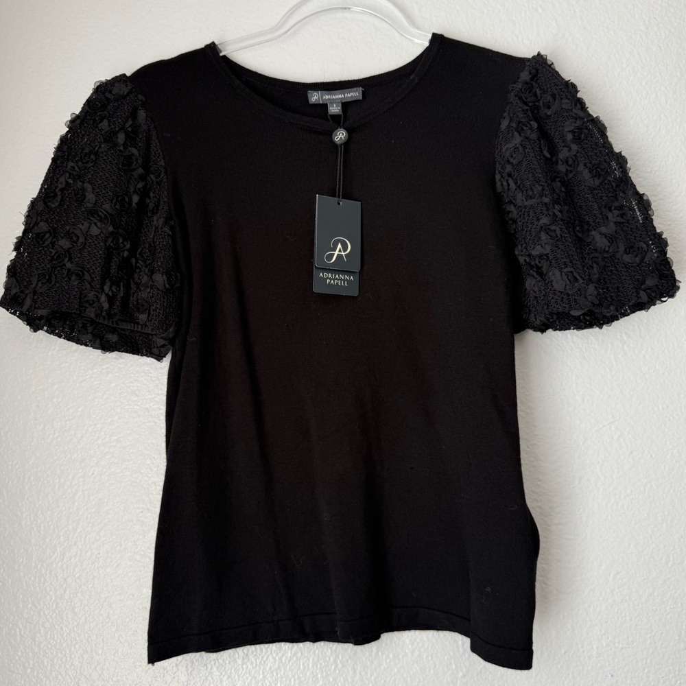 Adrianna Papell Black Floral Puff Sleeve Top Small NEW Party‎ Fancy Elegant